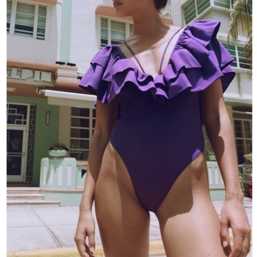 ZARA Fashion Maxi Ruffle V Neck Purple Swimsuit Size S Bloggers Fave